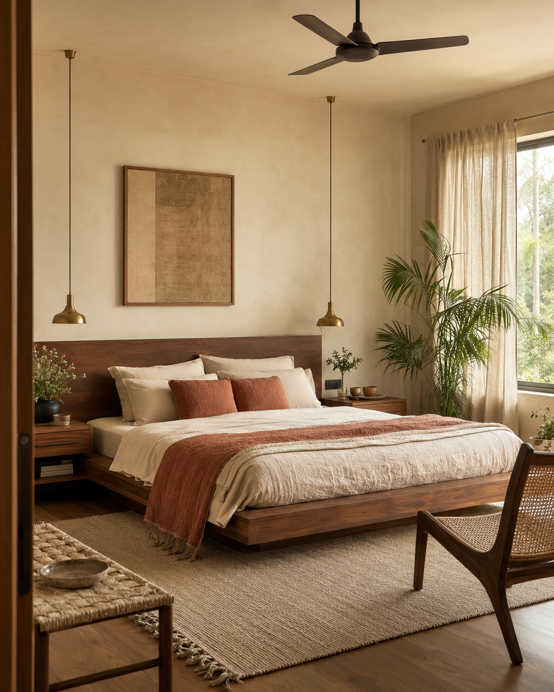 Warm Indian-modern bedroom with walnut, natural textiles and soft daylight