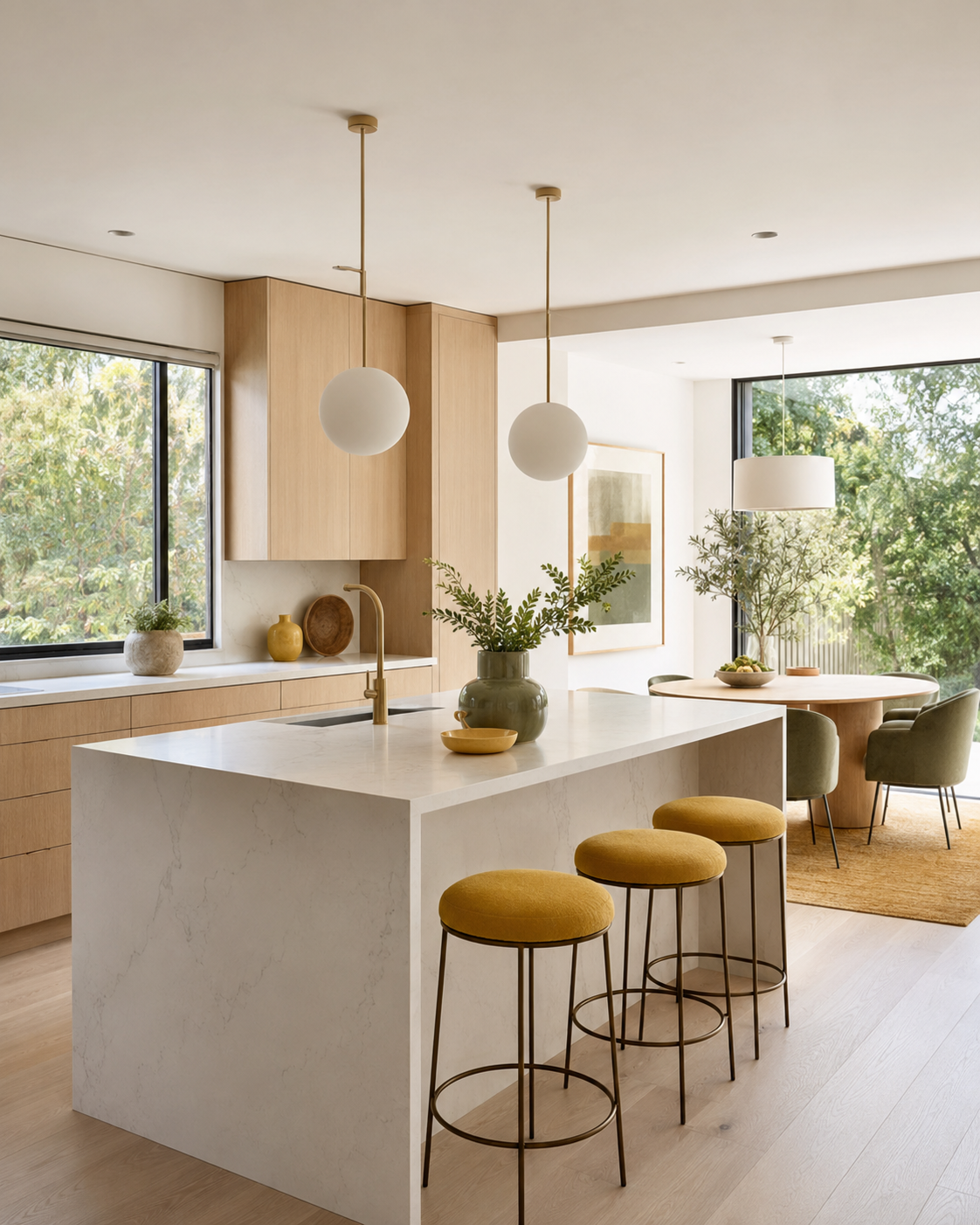 Bright contemporary kitchen with pale oak, white stone and colourful accents