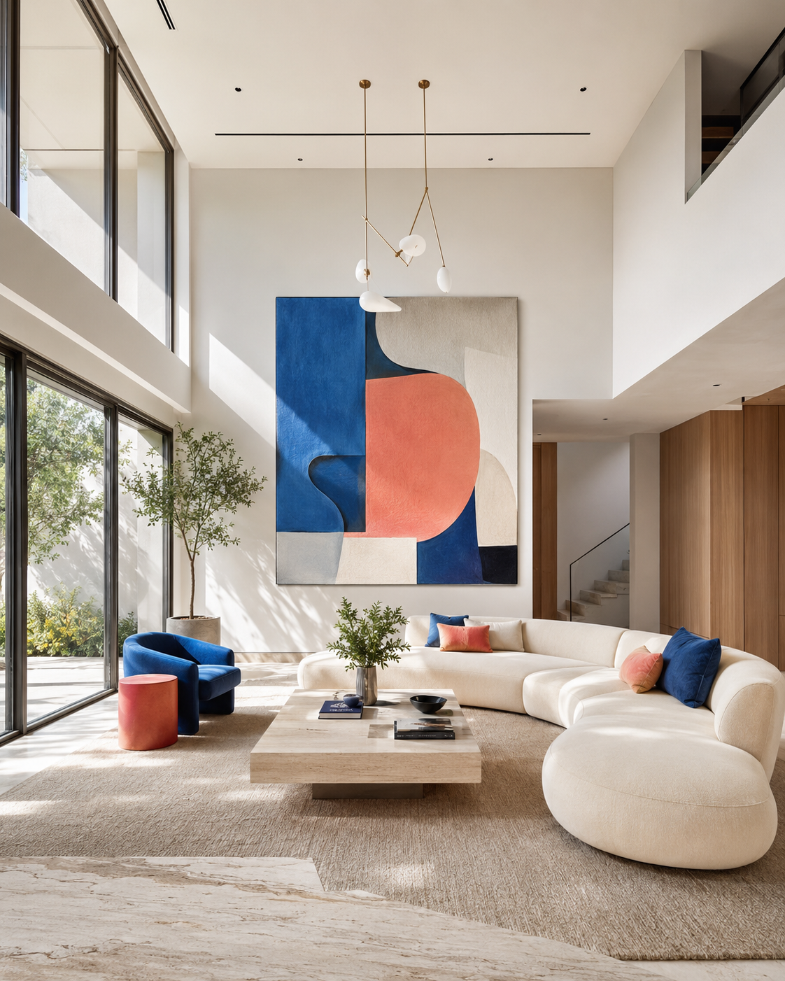 Bright contemporary living room with sculptural seating and cobalt and coral accents