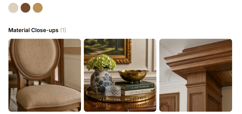 Classic dining room colour palette and material close-ups showing linen upholstery, styled timber surface and crafted wood detailing