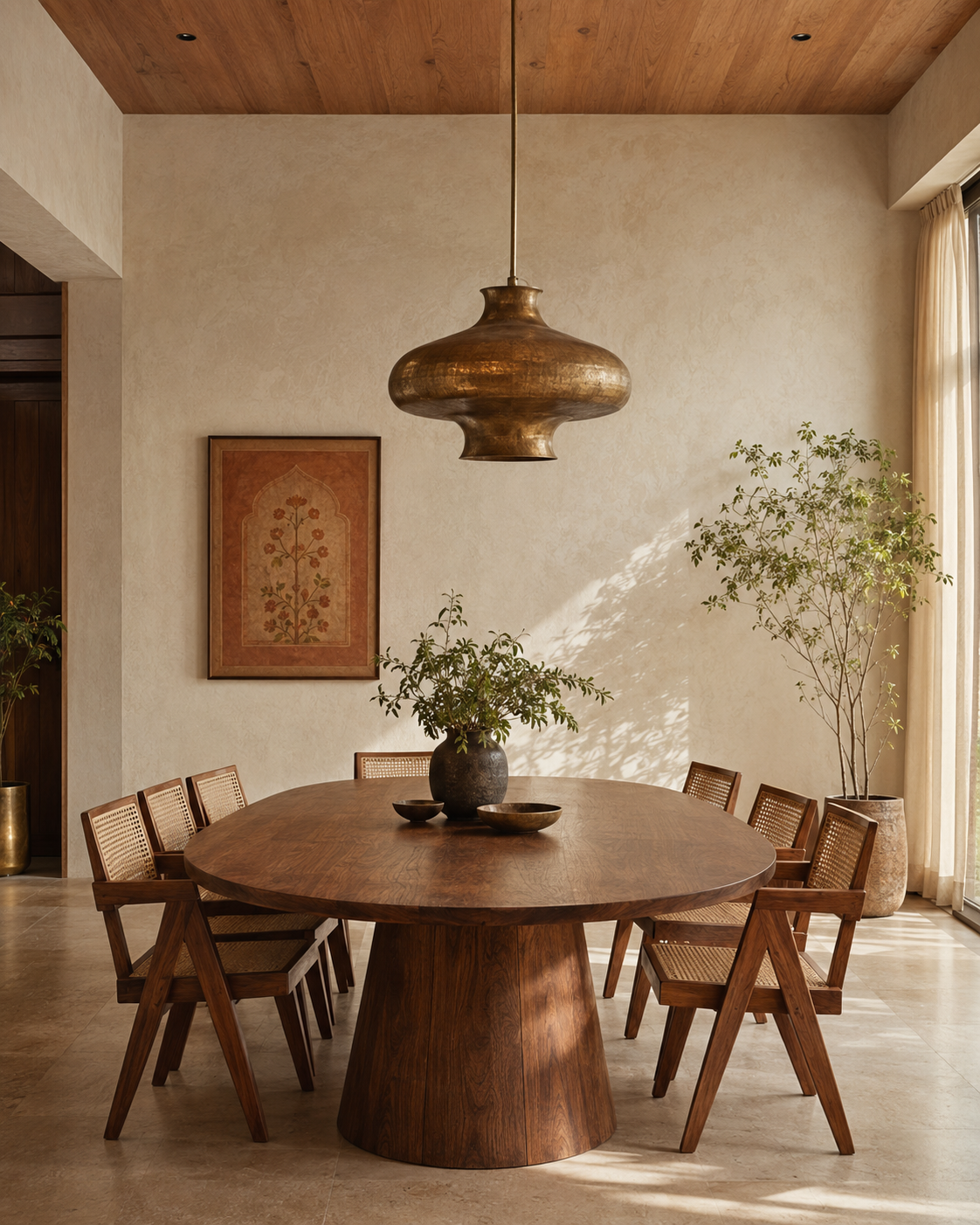 Indian-modern dining room with timber table, cane chairs and brass lighting
