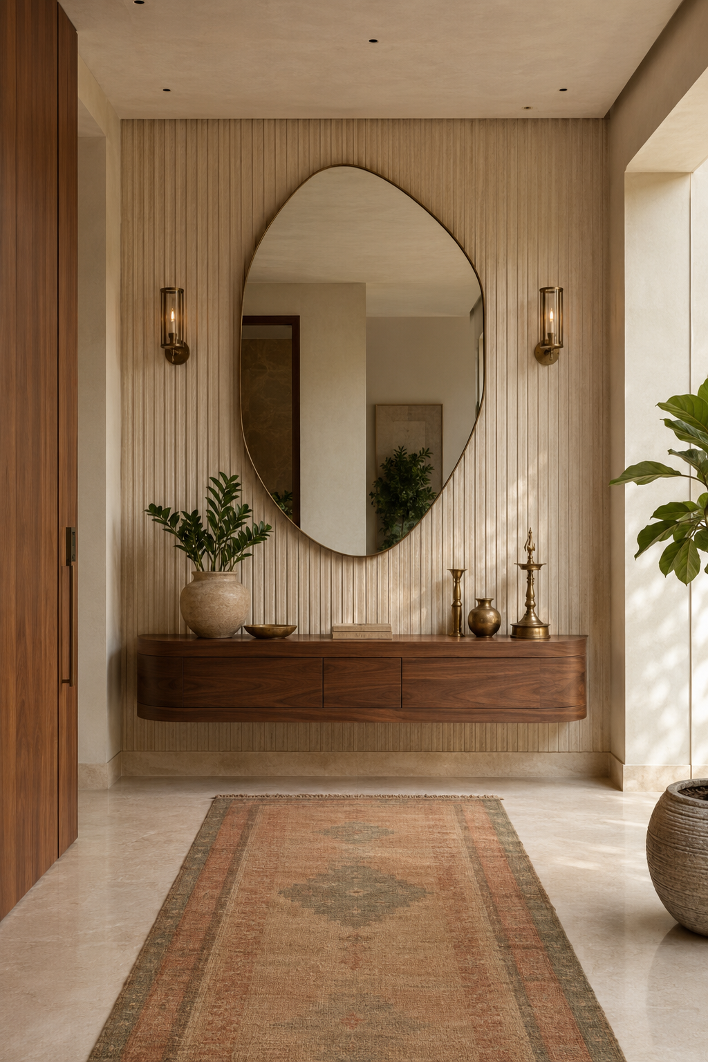 Refined residential foyer with walnut console, stone and brass accents