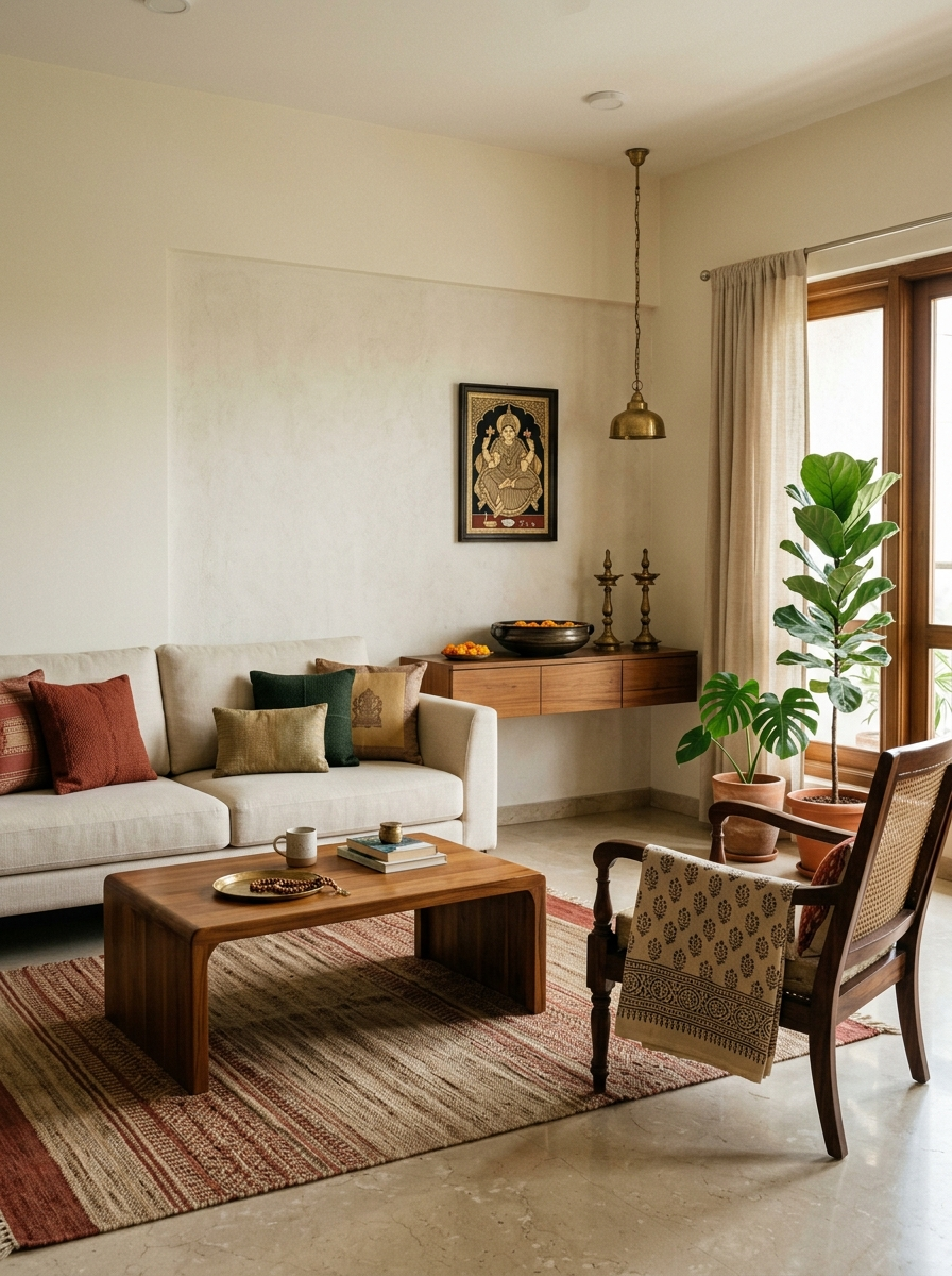 Warm Indian modern living room with natural wood, textiles and indoor planting