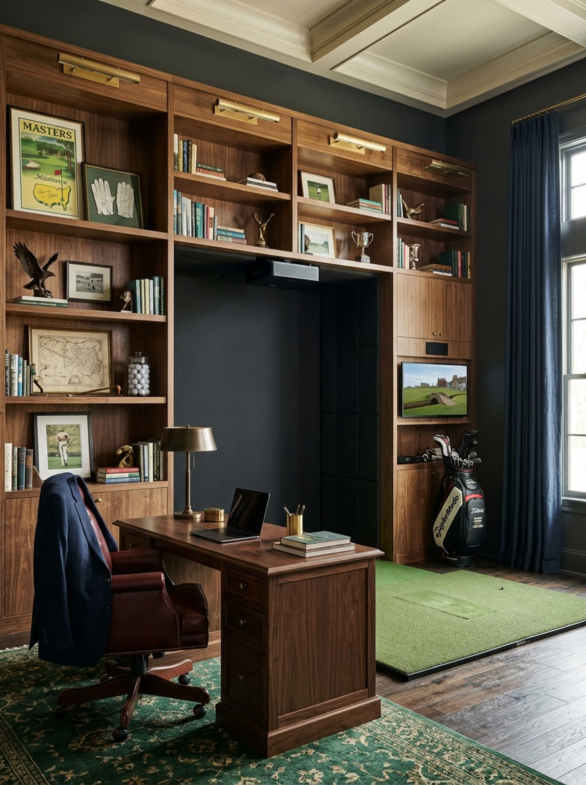 Dark timber study with integrated library, work desk and indoor golf practice area